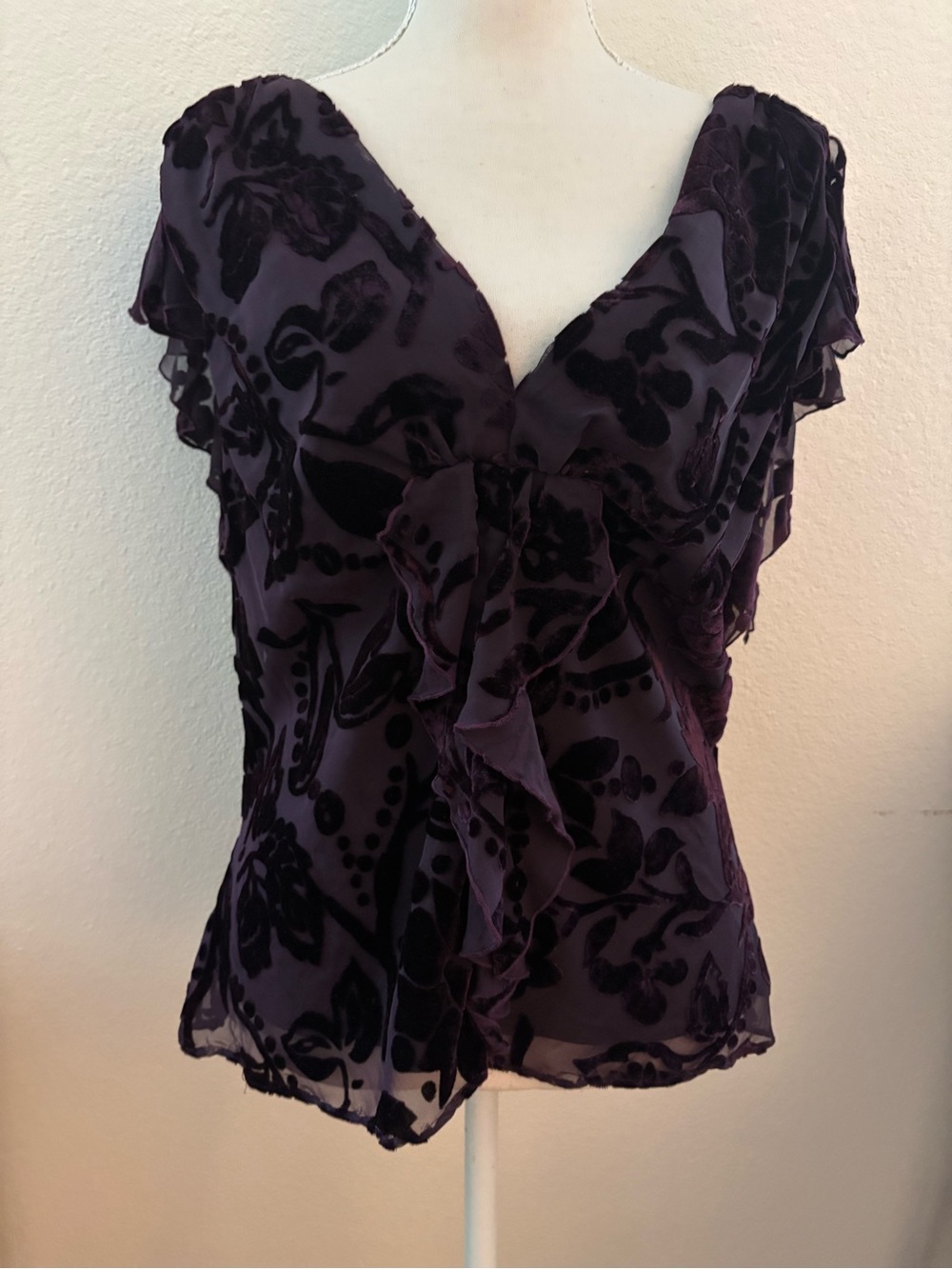Ruffle V-Neck Velvet Blouse in Deep Purple with Matching Jacket